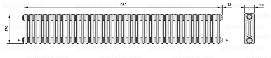 Схема (чертеж) Радиатор Zehnder Charleston 3037/42 №2670 Белый глянцевый RAL 9016